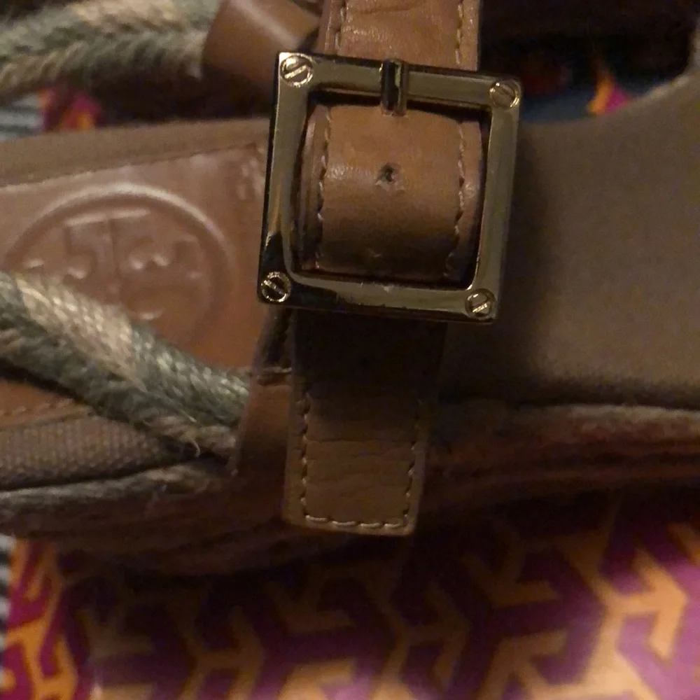 Tory Burch Khaki/Royal Tan Camelia Mid Wedge Espadrille Sz 8 - Picture 5 of 6
